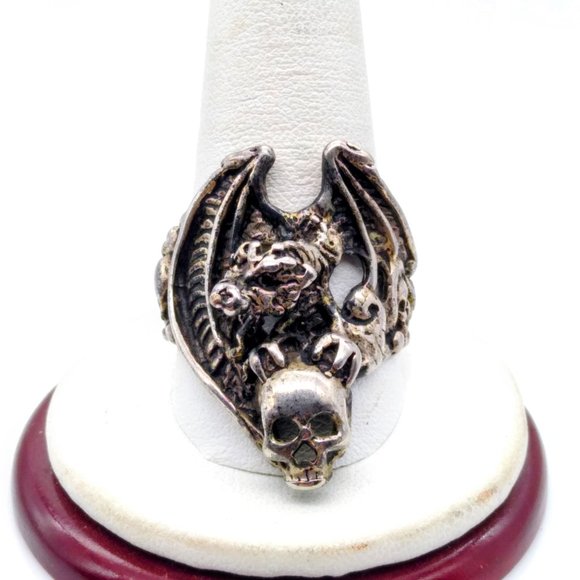 Vintage Biker Ring with Dragon and Skulls, Retro Gothic Silver Tone - Picture 3 of 7